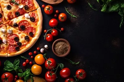 عکس غذاهای ایتالیایی: پیتزا با ریحان و پنیر در فضایی دلپذیر