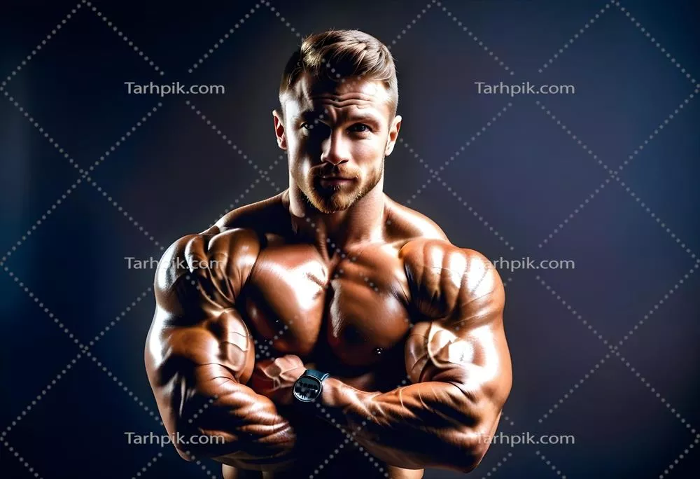 عکس پرتره ای از یک بدنساز مرد با عضلات برجسته در استودیو