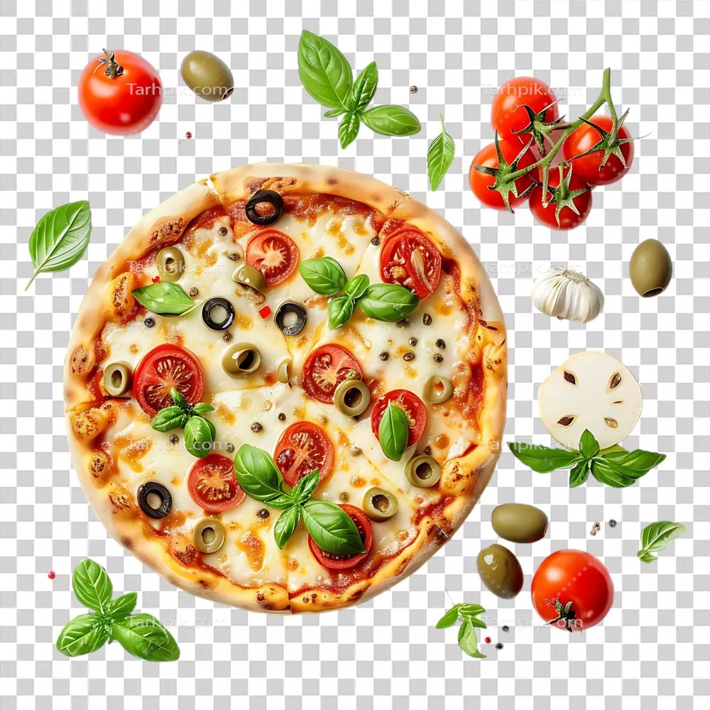 عکس دوربری پیتزای ایتالیایی با پنیر موتزارلا ذوب شده و سبزیجات تازه