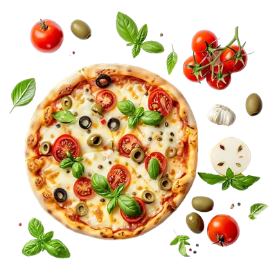 عکس دوربری پیتزای ایتالیایی با پنیر موتزارلا ذوب شده و سبزیجات تازه