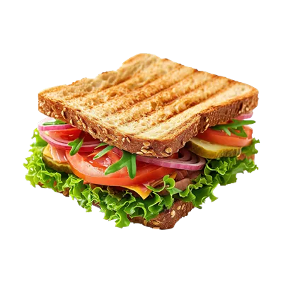 عکس دوربری ساندویچ خوشمزه با ژامبون، پنیر، گوجه فرنگی و کاهو در پس زمینه شفاف