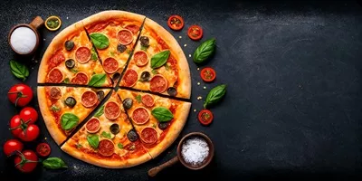 عکس نمایی زیبا از پیتزا روی میز مشکی با مواد اولیه تازه و جذاب
