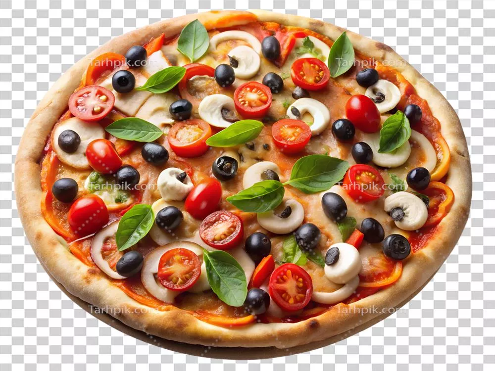 عکس دوربری پیتزای گیاهی تازه و رنگارنگ با طراحی شفاف و جذاب