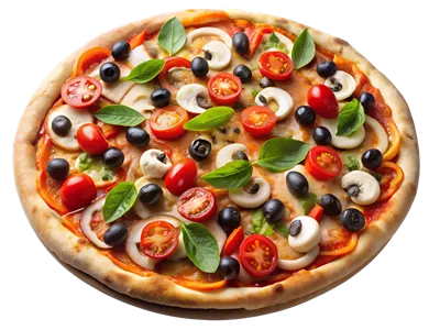 عکس دوربری پیتزای گیاهی تازه و رنگارنگ با طراحی شفاف و جذاب
