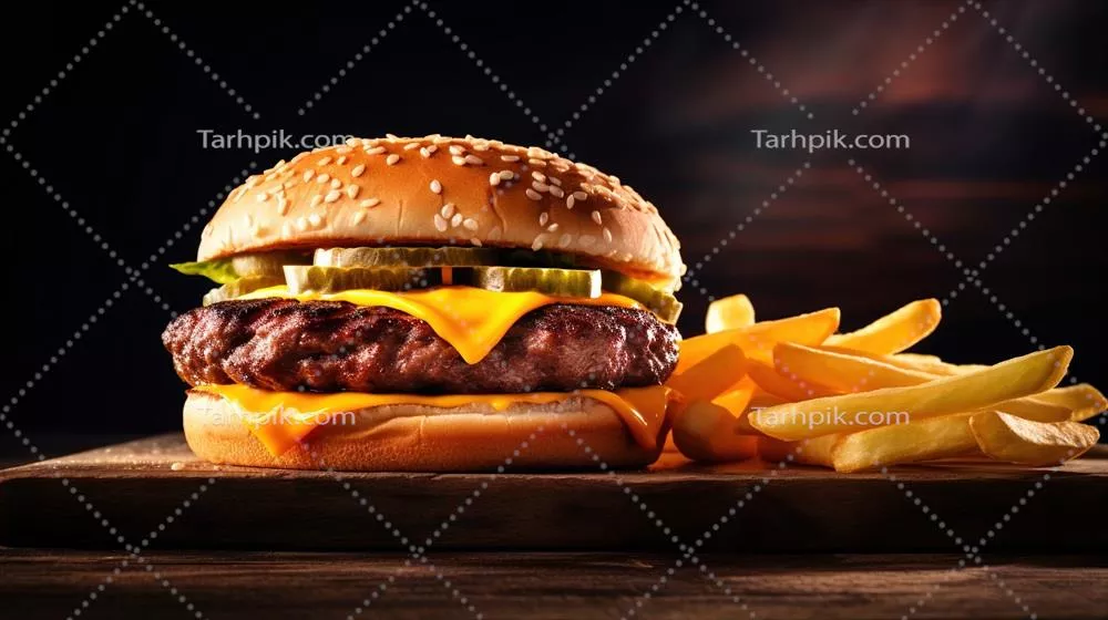 عکس همبرگر خوشمزه و آبدار بر روی میز، نماد فست فود لذیذ