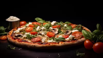 عکس پیتزای گیاهی خوشمزه با گوجه فرنگی گیلاسی و ریحان تازه