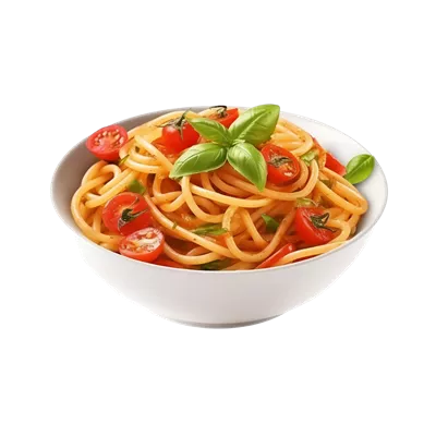 عکس دوربری پاستای لینگوئینی ایتالیایی سنتی با گوجه فرنگی و ریحان در پس زمینه شفاف