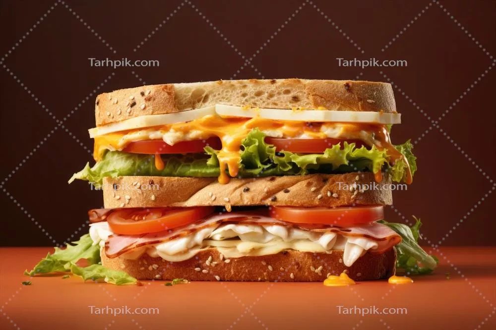 عکس ساندویچ خوشمزه با مواد اولیه تازه شامل سالامی، گوجه فرنگی و کاهو
