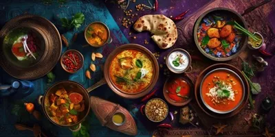 عکس تصویری جذاب از غذای ملی هند با نمایی از بالا و طراحی خلاقانه