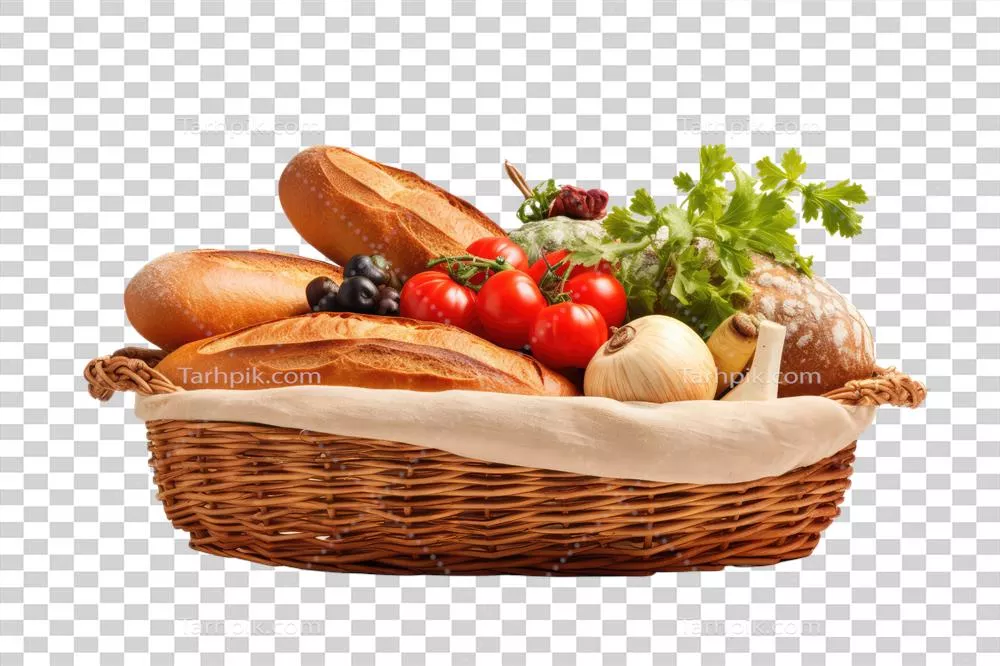 عکس دوربری سبد پر از مواد غذایی ارگانیک تولید شده با هوش مصنوعی بر روی پس زمینه شفاف