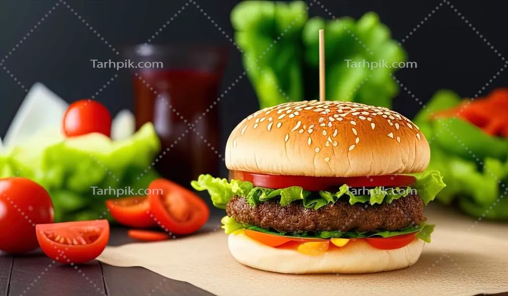 عکس تصویری زیبا و حرفه ای از همبرگر با کاهو و گوجه فرنگی در پس زمینه مشکی