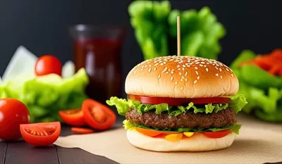 عکس تصویری زیبا و حرفه ای از همبرگر با کاهو و گوجه فرنگی در پس زمینه مشکی