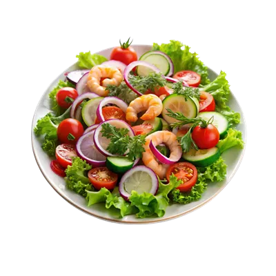 عکس دوربری سالاد خوشمزه با میگو، گوجه فرنگی، خیار و پیاز برای یک وعده سالم