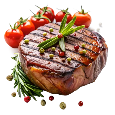 عکس دوربری استیک کبابی با چاشنی های معطر و گوجه فرنگی های تازه و فلفل های رنگی