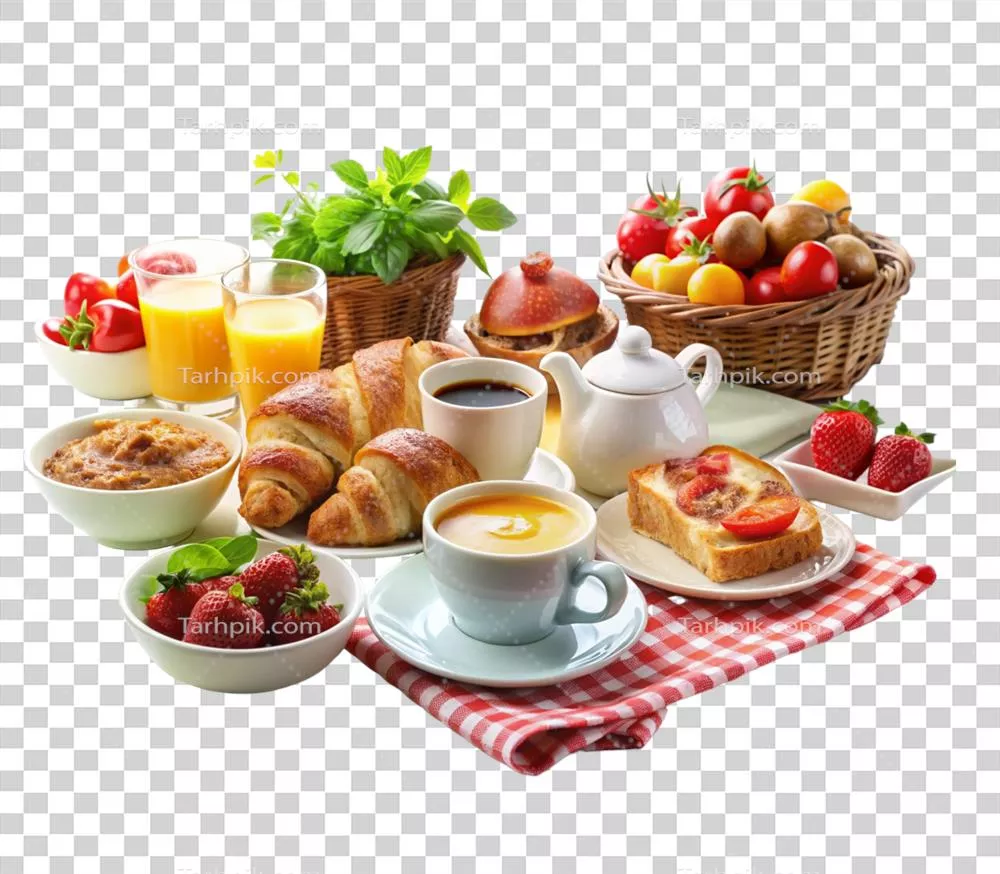 عکس دوربری آماده سازی صبحانه متنوع با قهوه و آبمیوه های شیرین و خوشمزه
