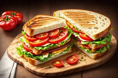 عکس ساندویچ کبابی با بیکن، تخم مرغ سرخ شده، گوجه فرنگی و کاهو روی تخته چوبی