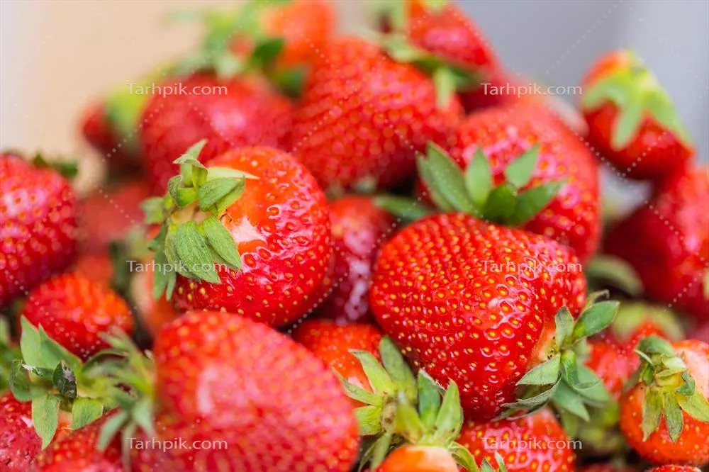 عکس تجربه طعم تازه و خوشمزه توت فرنگی های رسیده در کاسه ای سالم و گیاهی