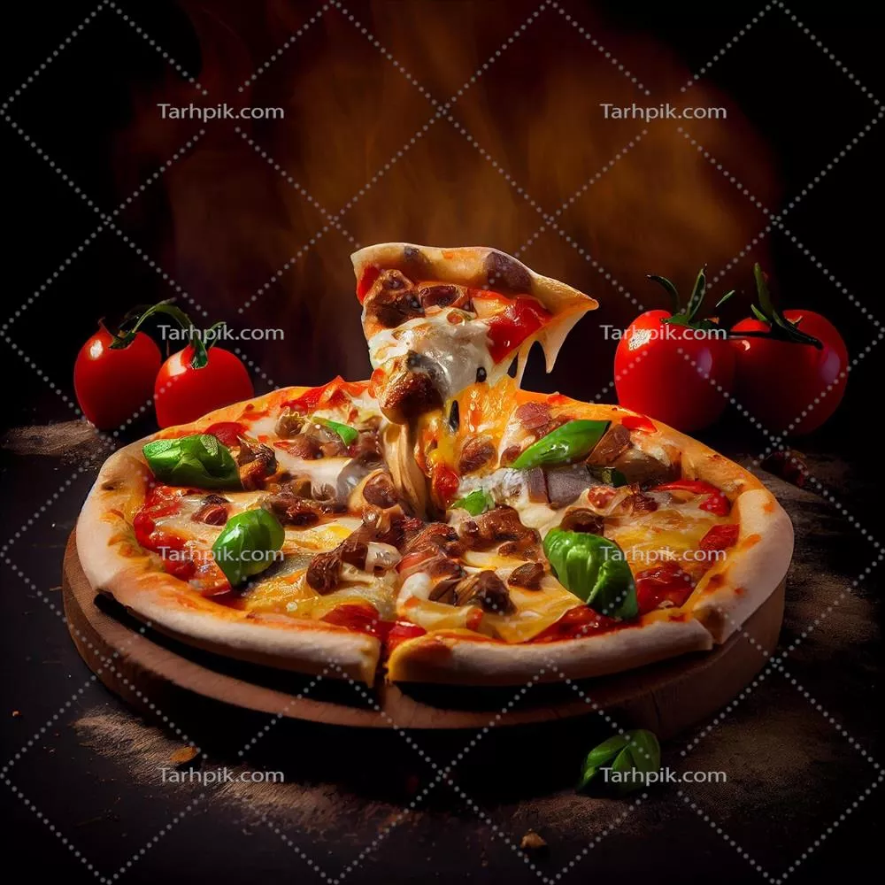 عکس تصویری زیبا از پیتزا روی تخته سیاه با طراحی آتشین و خلاقانه