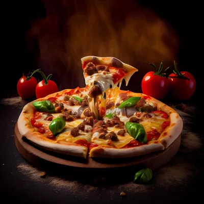 عکس تصویری زیبا از پیتزا روی تخته سیاه با طراحی آتشین و خلاقانه