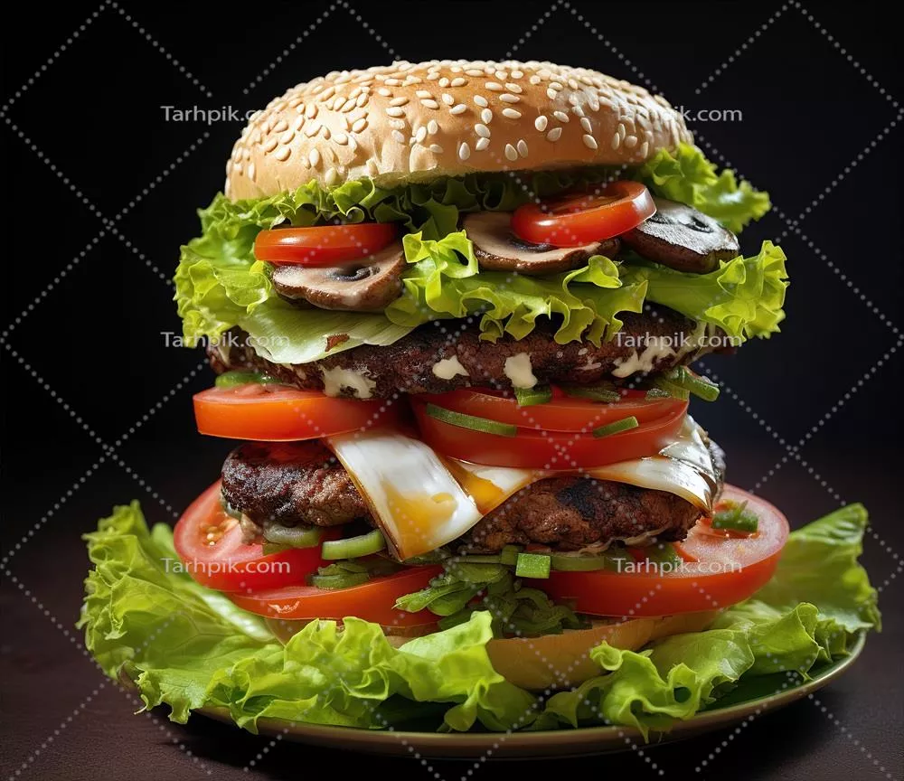 عکس همبرگر ایده آل با پنیر، بیکن، خیارشور، گوجه فرنگی، پیاز و کاهو