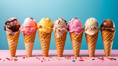 عکس مجموعه ای از طعم های مختلف بستنی در قیف های وافل با تزیینات رنگارنگ