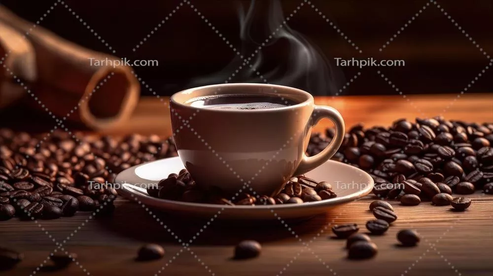 عکس تصویری زیبا از دانه های قهوه و فنجان قهوه سیاه بر روی میز چوبی