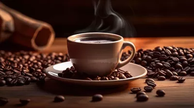 عکس تصویری زیبا از دانه های قهوه و فنجان قهوه سیاه بر روی میز چوبی