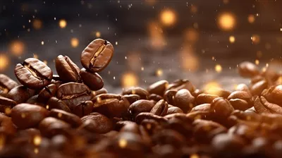 عکس دانه های قهوه برشته شده بر روی پس زمینه قهوه ای با افکت بوکه