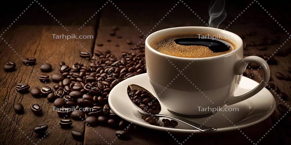 عکس نمای جانبی یک فنجان قهوه بر روی میز با طراحی هوش مصنوعی