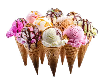 عکس دوربری تنوعی از قیف های بستنی با طراحی های جذاب و رنگارنگ