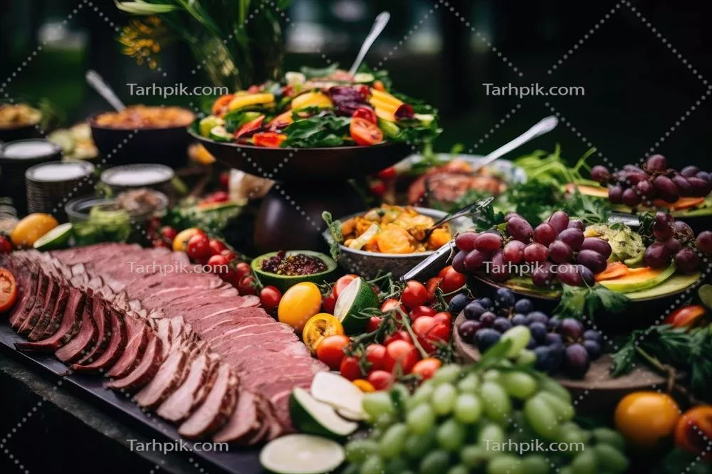 عکس میز بوفه پر از غذا در یک هتل لوکس با چیدمان زیبا و دلنشین
