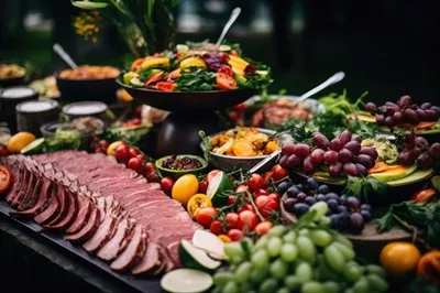 عکس میز بوفه پر از غذا در یک هتل لوکس با چیدمان زیبا و دلنشین