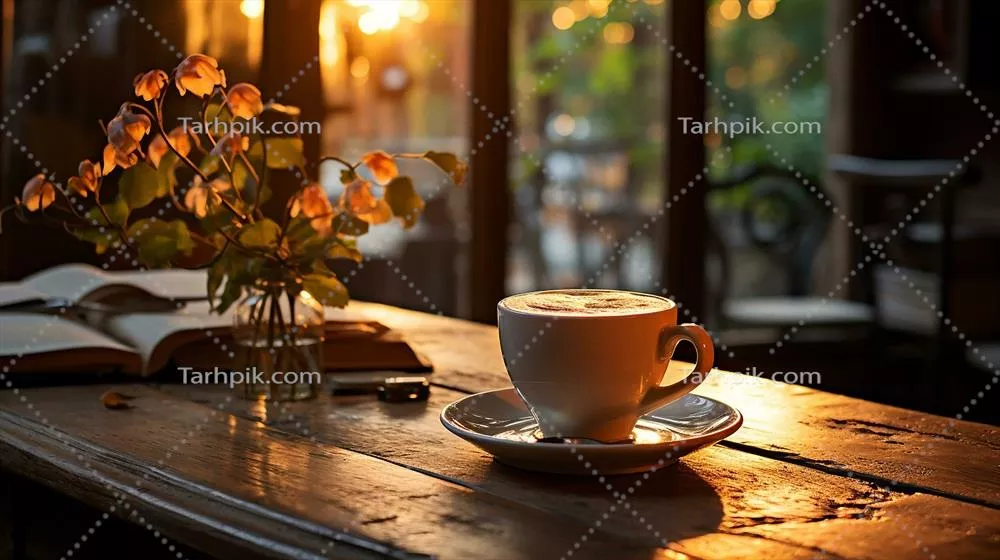 عکس یک فنجان قهوه داغ در کنار کتاب و خودکار بر روی میز چوبی