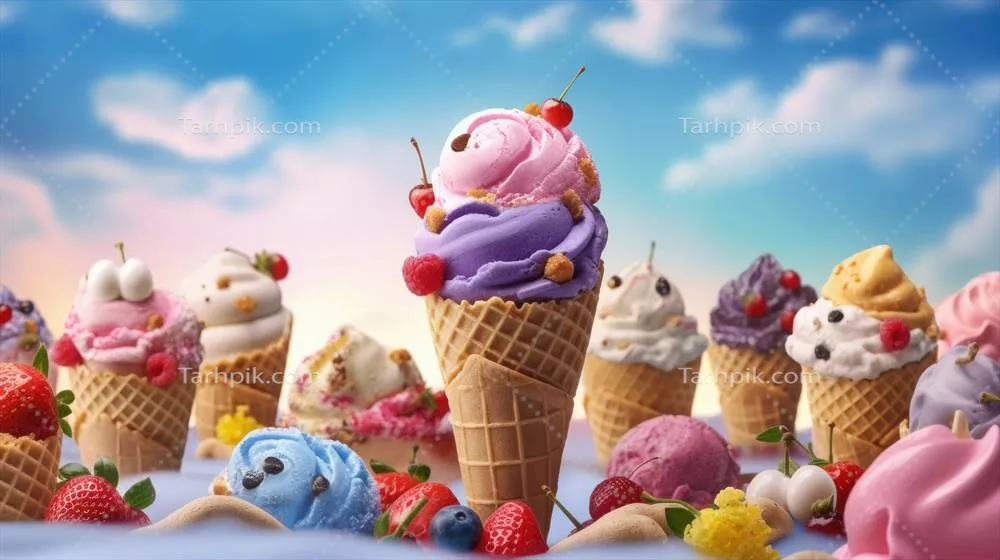 عکس کون بستنی بر روی پس زمینه رنگی با طراحی مینیمالیستی و هنری