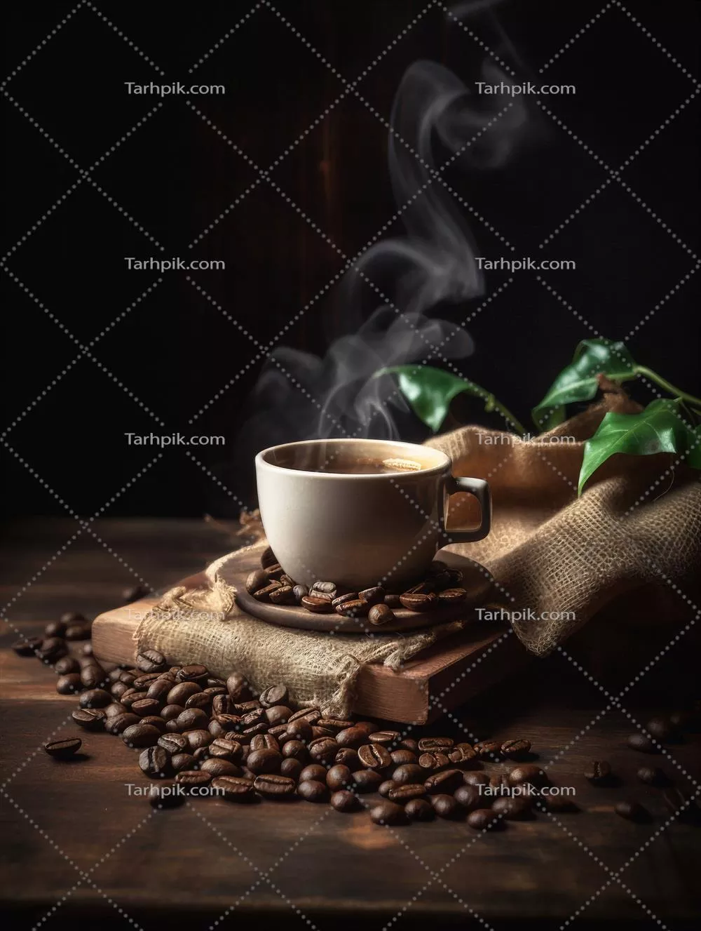 عکس یک فنجان قهوه داغ بر روی میز چوبی با نور ملایم صبحگاهی