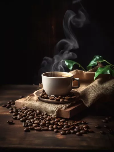 عکس یک فنجان قهوه داغ بر روی میز چوبی با نور ملایم صبحگاهی