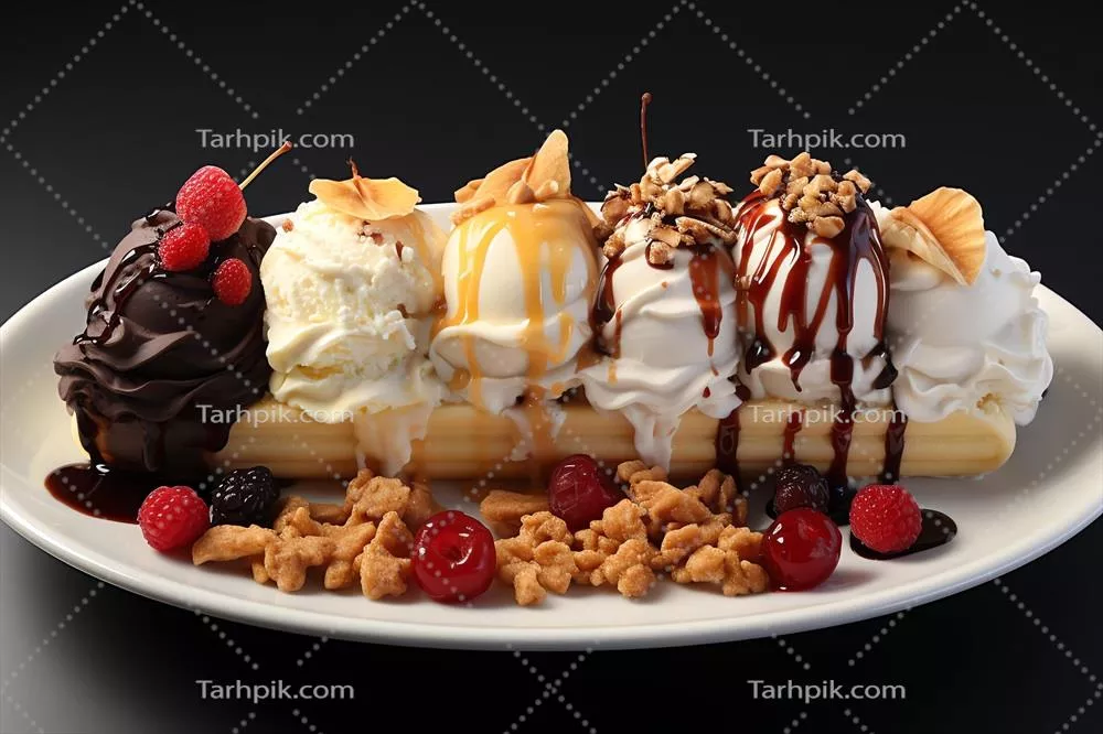 عکس دسر خوشمزه و لذیذ موز و بستنی با سس شکلاتی و تزیینات خاص