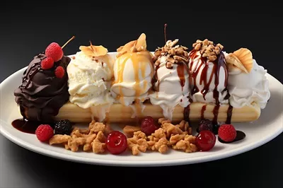 عکس دسر خوشمزه و لذیذ موز و بستنی با سس شکلاتی و تزیینات خاص