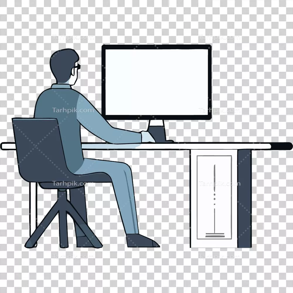 عکس دوربری مردی که در حال نشستن در کنار میز و کار با کامپیوتر است