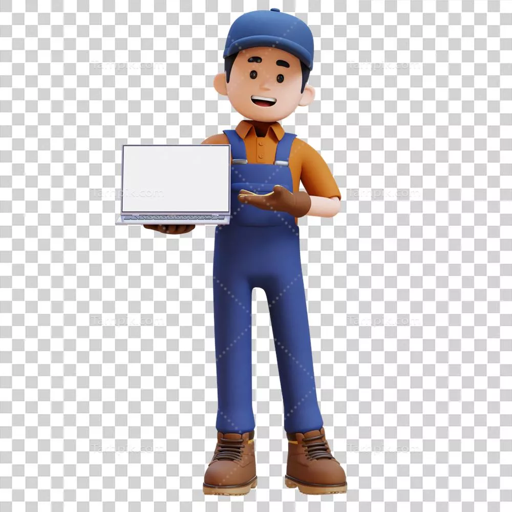 عکس دوربری شخصیت کارگر ساختمانی سه بعدی در حال ارائه بر روی صفحه نمایش خالی