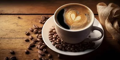 عکس فنجان قهوه لاته با هنر لاته قلبی شکل و طراحی هوش مصنوعی