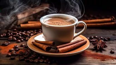 عکس فنجان قهوه داغ با عطر دارچین و دانه های قهوه، خلق شده با هوش مصنوعی