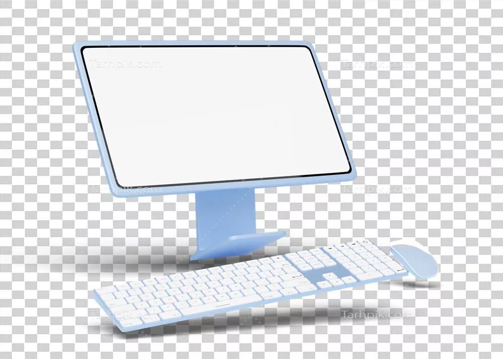عکس دوربری رندر سه بعدی از مانیتور کامپیوتر با ماوس و کیبورد بی سیم برای فروشگاه آنلاین