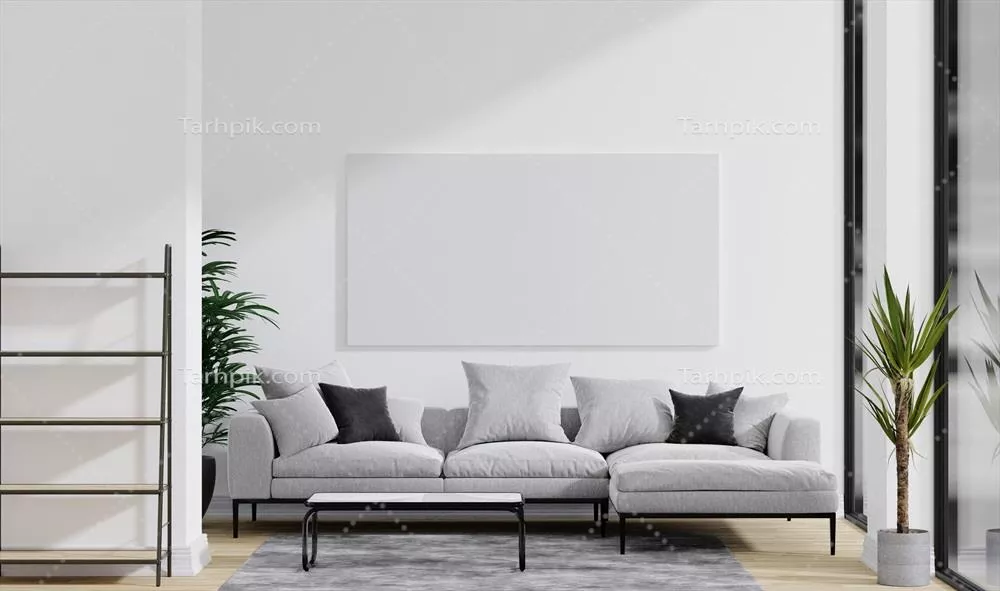 عکس تصویری از یک اتاق مینیمالیستی با مبل خاکستری و گیاه در آن