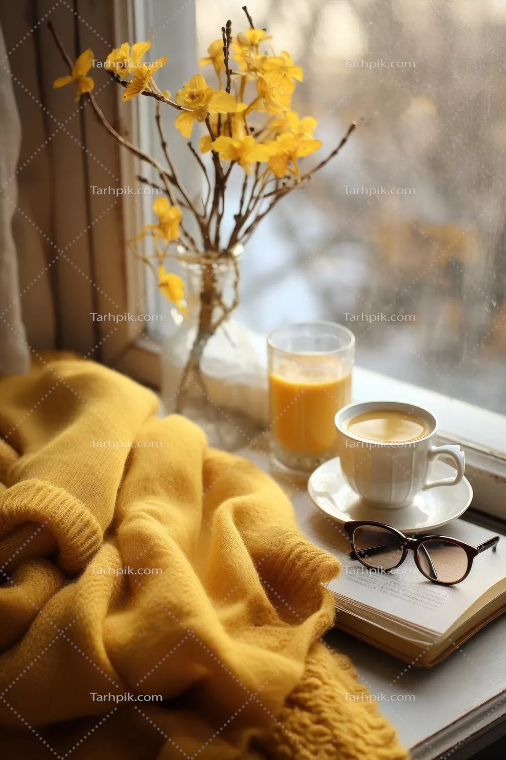 عکس فنجان قهوه در پس زمینه ای زیبا از پاییز و رنگ های گرم