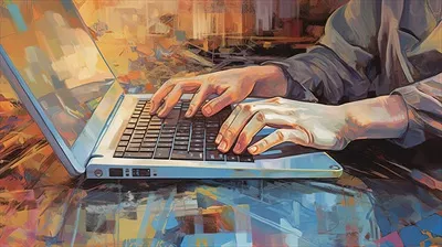 عکس تصویری از دستان در حال تایپ بر روی کیبورد لپ تاپ به سبک انتزاعی