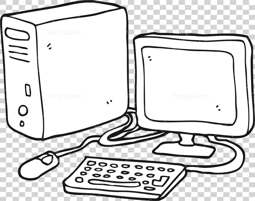 عکس دوربری تصویری دست کشیده و سیاه وسفید از یک کامپیوتر در سبک کارتون