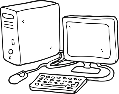 عکس دوربری تصویری دست کشیده و سیاه وسفید از یک کامپیوتر در سبک کارتون