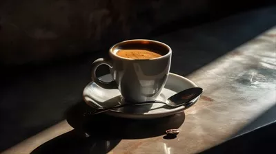 عکس فنجان اسپرسو با کرما در نور صبحگاهی بر روی بافت سنگی