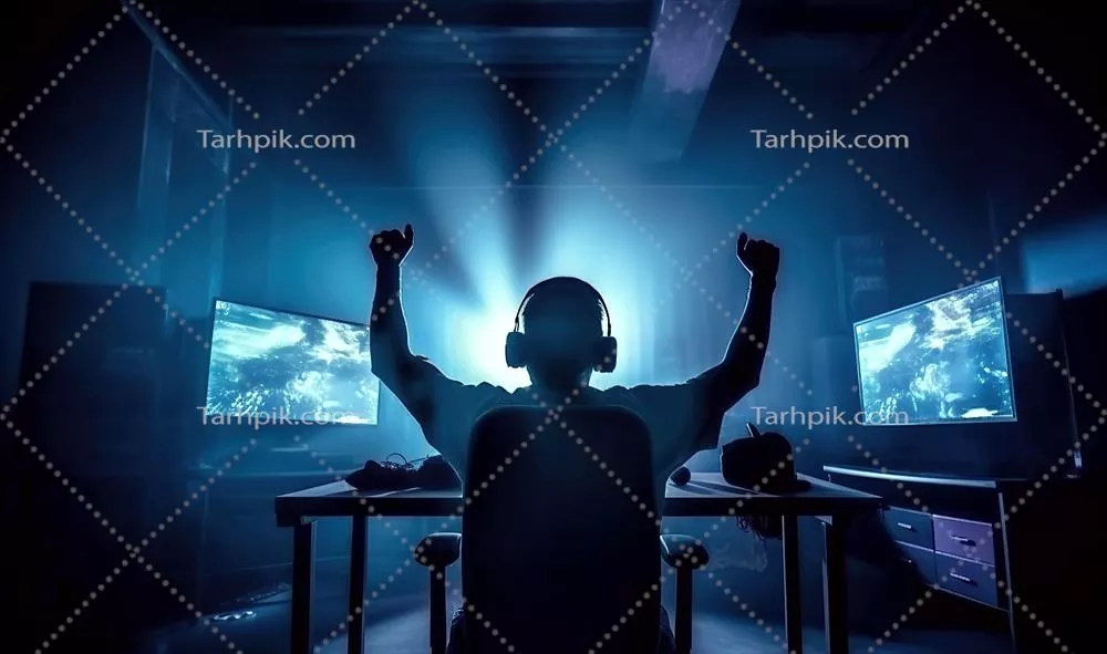 عکس تصویری از یک بازیکن خوشحال ورزش های الکترونیکی در حال پیروزی